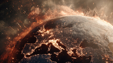 Dramatic Planet Earth at Night, Centered on Europe and the Mediterranean, Engulfed by Fiery, Explosive Effects, Dark Clouds, and Falling Debris, Symbolizing Catastrophe, Conflict, or Global Crisis