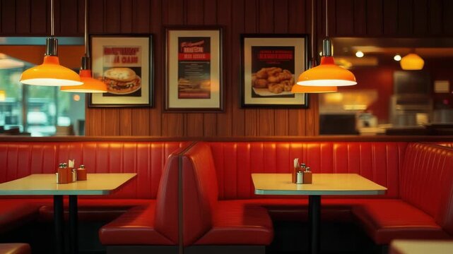 A cozy diner interior with red booths and orange pendant lights. Framed food posters adorn the wooden walls. Tables are set for dining.