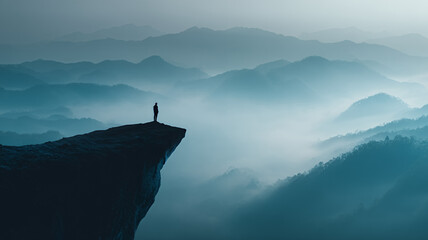 Man Standing on Cliff in Fog