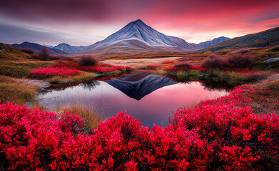 Autumn Landscape Photography: Panoramic Altai Mountains at Sunset with Reflections on a Sparkling Pink Mirror-Like Lake and Vibrant Red foliage in the Foreground