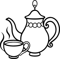 Decorative Outline of a Tea Pot and Cup with Steam Vector Illustration, Minimal Line Drawing of Tea Set, Hand Drawn Hot Beverage Outline, Cozy Tea Time Line Art Vector