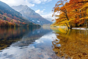 Tranquil autumn landscape with colorful forest reflections on mountain lake