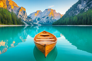Serene Reflections: Boats on the Crystal-Clear Braies Lake (Pragser Wildsee) amidst the Breathtaking Mountain Backdrop of the Dolomite Mountains