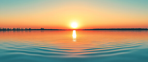 Serene Dawn Landscape: Captivating Panoramic View of Morning Sunrise Over a Peaceful Lake with Reflective Water and Gentle Ripples on Shore