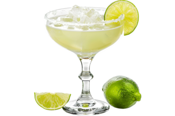 Refreshing margarita cocktail glistening with ice and lime wedges, perfectly chilled for a vibrant celebration or a relaxing evening.Isolated  to Transparent  Background