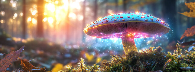 Intimate Close-Up Shot of a Mushroom Under Dappled Sunlight During Autumn in a Dense Forest Ecosystem