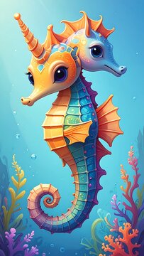 Two-headed seahorse, vibrant colors, underwater scene