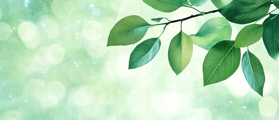 Vibrant Fresh Green Leaves on a Soft Focal Bokeh Background, Perfect for Spring Photography and Graphic Design Needs