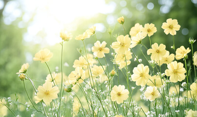 Warm and Sunny Meadow Scene with Adorable Little Yellow Wildflowers, Soft Focus, and Natural Beauty