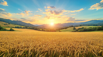 Vibrant Wheat Harvest Scene Capturing the Splendor of Wheat Stripes, Dawn Landscape, and Nature's Colors, Perfect for Bakery Interior Design or Agriculture Photography