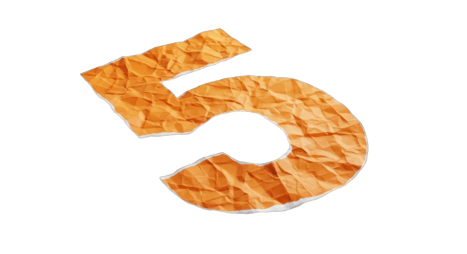 Number Five Made of Crumpled Orange Paper.