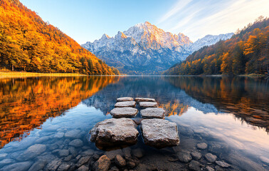 Bavarian Alps Autumn Sunrise over Hintersee Lake with Vibrant Colors and Reflections, Capturing the Essence of Nature's Splendor in Rural Austria-Germany Countryside
