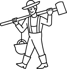 Line Art of Farmer Carrying Plough on Shoulder Isolated Vector Illustration, Minimal Line Drawing of Traditional Farmer with Plough, Hand Drawn Agriculture Worker Outline, Rural Farming Vector Line 