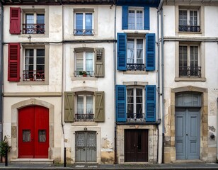 Fototapeta premium Row of aged buildings with colorful shutters and doors