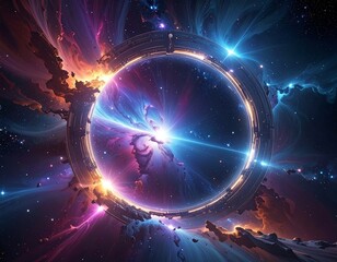 A vibrant cosmic ring, glowing brightly, surrounded by nebulae and stellar energy