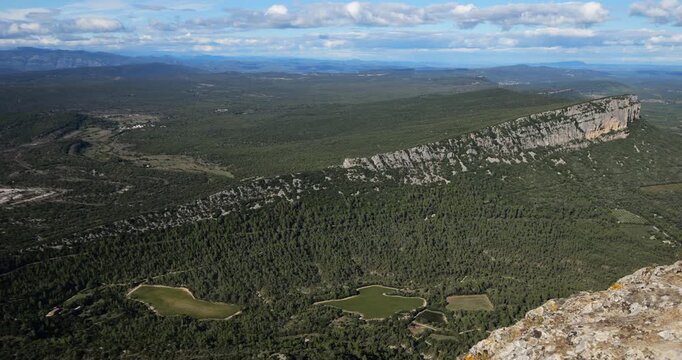 Panorama from the summit of Pic Saint Loup to the Hortus. Herault department, Occitania, France.