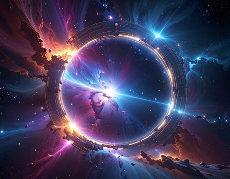 A vibrant cosmic ring, glowing brightly, surrounded by nebulae and stellar energy - Powered by Adobe