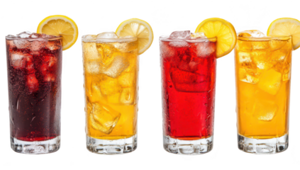 A assortment of refreshing iced beverages featuring lemon slices. served in tall glasses with ice. a lively summer atmosphere perfect for social gatherings