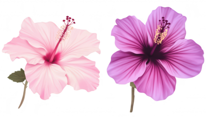 Two hibiscus flowers. one pink and one purple. their intricate petals and stamens. set against a clean white background. ideal for botanical illustrations or floral designs