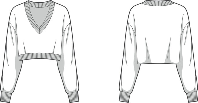 Fashion flat sketch of cropped V neck sweater with ribbed cuffs and hem, women pullover design, technical drawing, apparel template