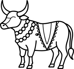 Minimal line art of decorated bull in harvest festival isolated vector, Traditional festival animal illustration, Folk cultural celebration artwork, Rural harvest scene line drawing vector
