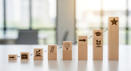 Wooden blocks depicting career growth steps, from start to succe