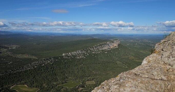 Panorama from the summit of Pic Saint Loup to the Hortus. Herault department, Occitania, France.