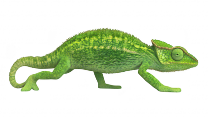 A green chameleon gracefully moving across a white background. its unique texture and coloration. ideal for educational materials on reptiles or nature