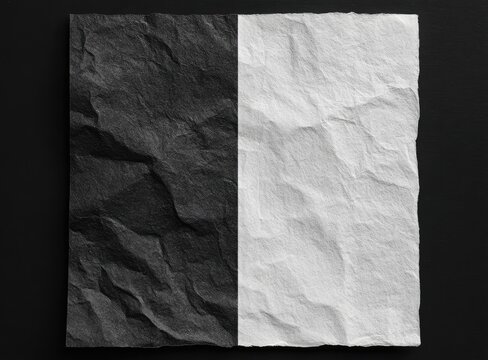 A monochrome image showcases a vertically bisected piece of crumpled paper; one half is black, the other white, against a dark background