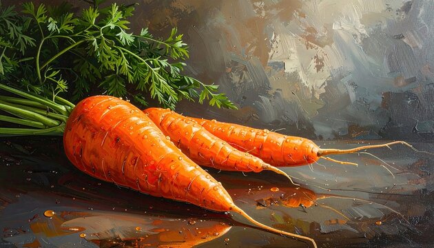 Still life painting of two carrots and parsley