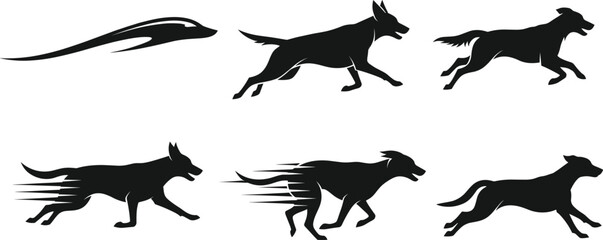 Running dog silhouette illustrations—dynamic, stylized, motion lines—vector artwork, speed, agility, pet icon, animal design, movement, energy, gesture