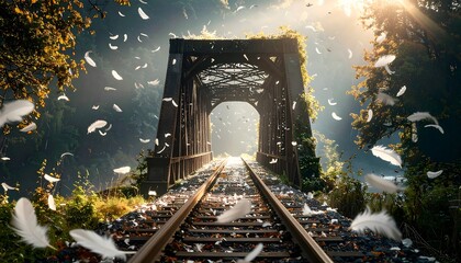 Feathers Falling on Railroad Tracks Leading to Light Under Bridge