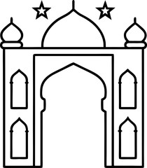 Minimal mosque gate decorated for Eid isolated vector, Islamic architecture illustration, Black mosque entrance silhouette, Ramadan and Eid festive vector artwork