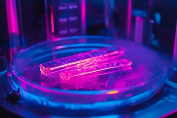 Neon-lit laboratory petri dish with glass slides in futuristic setting