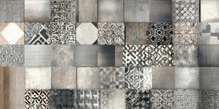 A patchwork of square tiles in grayscale and muted browns, featuring various geometric and arabesque patterns.  Each tile displays a unique design, creating a complex yet balanced overall composition