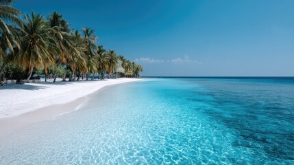 Fototapeta premium Tropical Island Paradise With Turquoise Water White Sand and Palm Trees Under a Clear Blue Sky Perfect for a Vacation Destination Travel Background