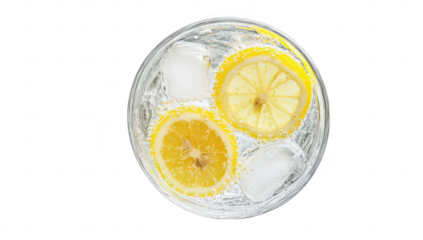 A refreshing glass of sparkling water with ice cubes and slices of lemon. set against a clean white background. ideal for promoting hydration and summer beverages