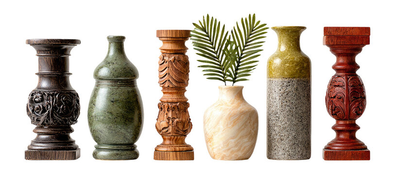 Collection of Decorative Vases in Various Styles and Colors on Transparent Background