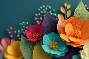 "Top View of Colorful Paper Cut Flowers with Green Leaves on Blue Background and Copy Space"