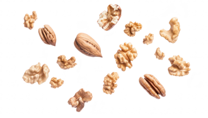 A variety of nuts including walnuts. almonds. and pecans scattered artistically on a white background. their textures and shapes. ideal for culinary or health-related content
