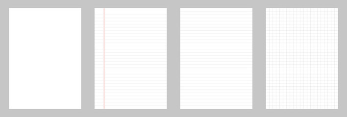 Vector set of spiral notebook pages including blank, lined, ruled, and grid paper templates. Perfect for stationery, school, office, notes, sketching, and academic design projects.