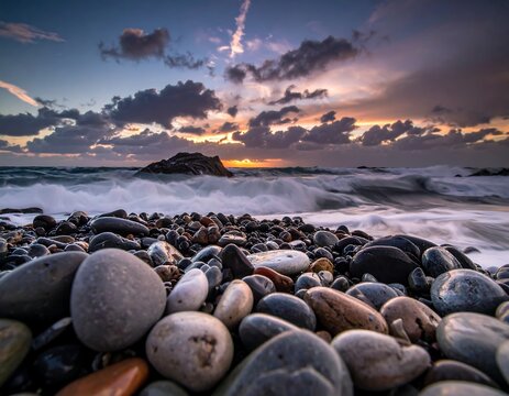 Dramatic sunset over a rocky beach