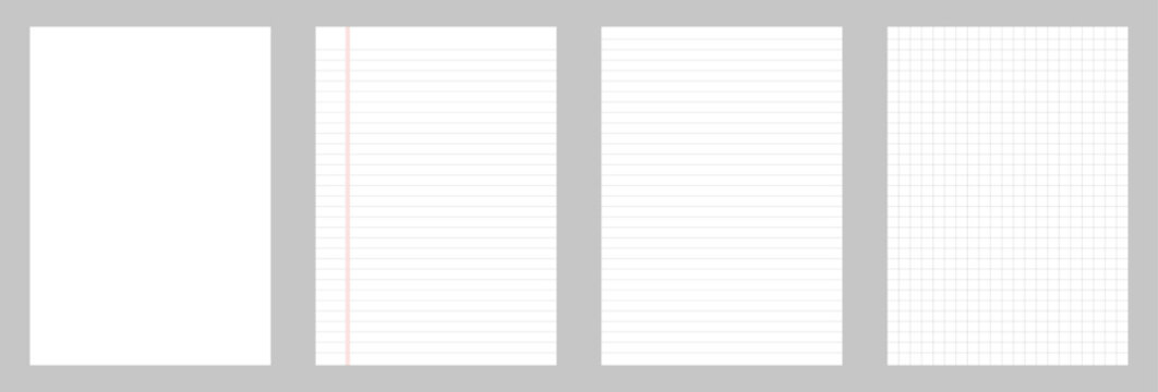 Vector set of spiral notebook pages including blank, lined, ruled, and grid paper templates. Perfect for stationery, school, office, notes, sketching, and academic design projects.