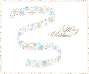 Christmas illustration. swirling streams of snowflakes with Merry Christmas greeting in elegant gold script. Festive Christmas cards, invitations, or website banners.