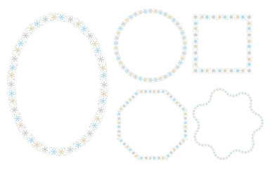 Set of Christmas frames. Colorful winter borders in various shapes with snowflakes isolated on white. Luxury Christmas garland. Winter ornament for cards, invitations, design, photographs
