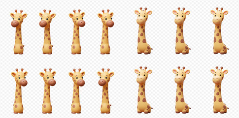 A collection of cute, stylized 3D cartoon giraffes with long necks and spotted bodies, standing and looking forward on a transparent background.