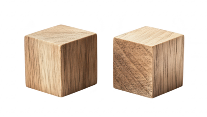 Two wooden cubes placed on a white background. their natural grain and texture. ideal for minimalist design concepts. educational purposes. or artistic displays