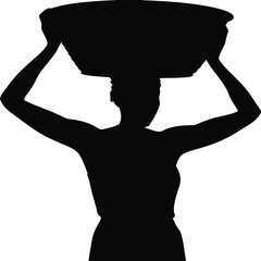 Silhouette of woman carrying basket on head isolated vector, Traditional rural activity illustration, Folk village woman artwork, Cultural daily life line art vector