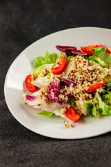 Quinoa salad tomato, green leaf salad vegetables dish natural tasty snack fresh delicious gourmet food background on the table rustic top view copy space keto and paleo diet vegan and vegan food