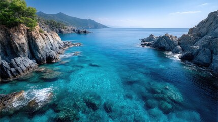 Fototapeta premium Turquoise Ocean Meets Rocky Cliffs Under Clear Blue Sky Majestic Coastal Scenery with Tranquil Water Reflections in Mediterranean Region